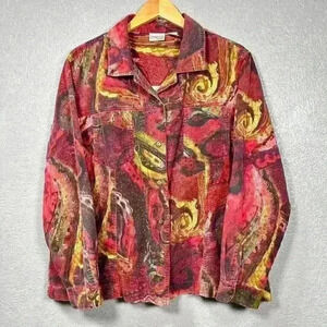 CHICO'S Red Swirl Galactic Button Up Top Corduroy Cotton Casual Collar Women XL